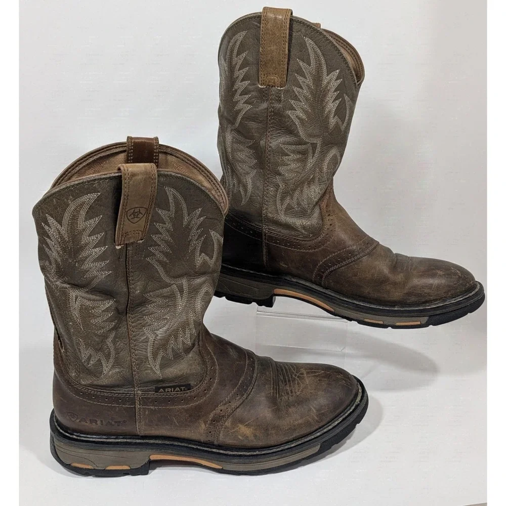 Ariat Men's WorkHog Pull-On soft toe Boots 11D Aged Bark Brown Leather 10001188